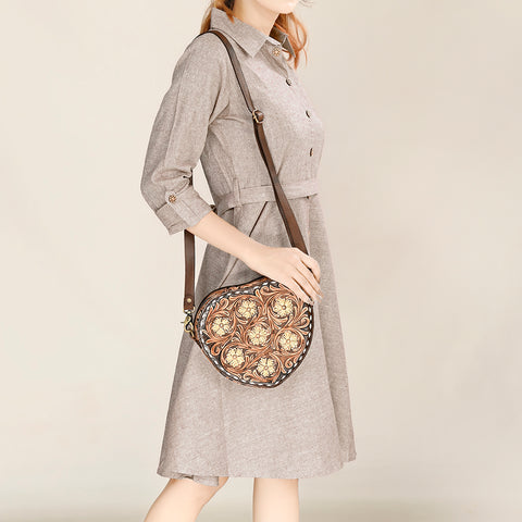 Heart-Shaped Hand Tooled Leather Canteen Bag Genuine Western Floral by American Darling