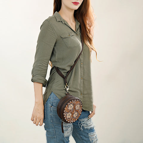 American Darling Handcrafted Tooled Leather Floral Canteen Crossbody Bag