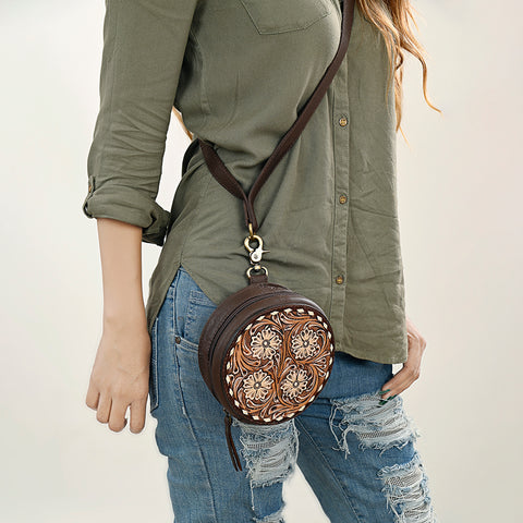 American Darling Handcrafted Tooled Leather Floral Canteen Crossbody Bag