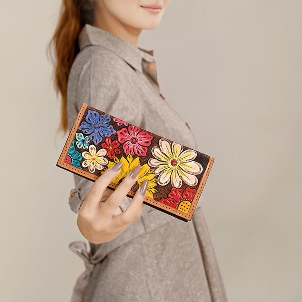 ADBGA429 American Darling Colorful Hand-Tooled Leather Floral Clutch Western Women's Long Clutch