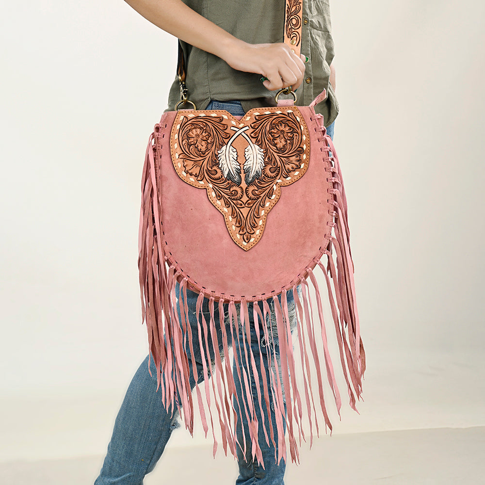 LC-ADBGA431 American Darling Western Feather Tooled Leather Large Crossbody Bag with Fringe