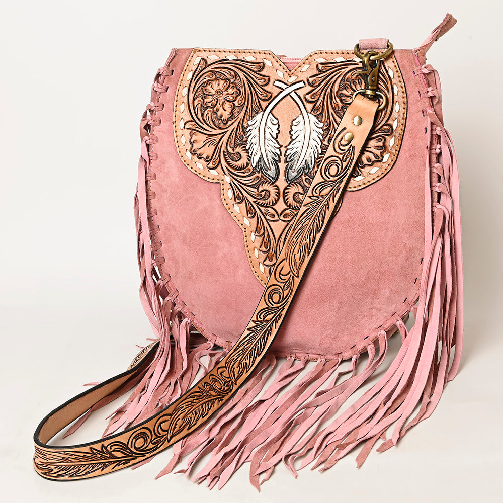 LC-ADBGA431 American Darling Western Feather Tooled Leather Large Crossbody Bag with Fringe