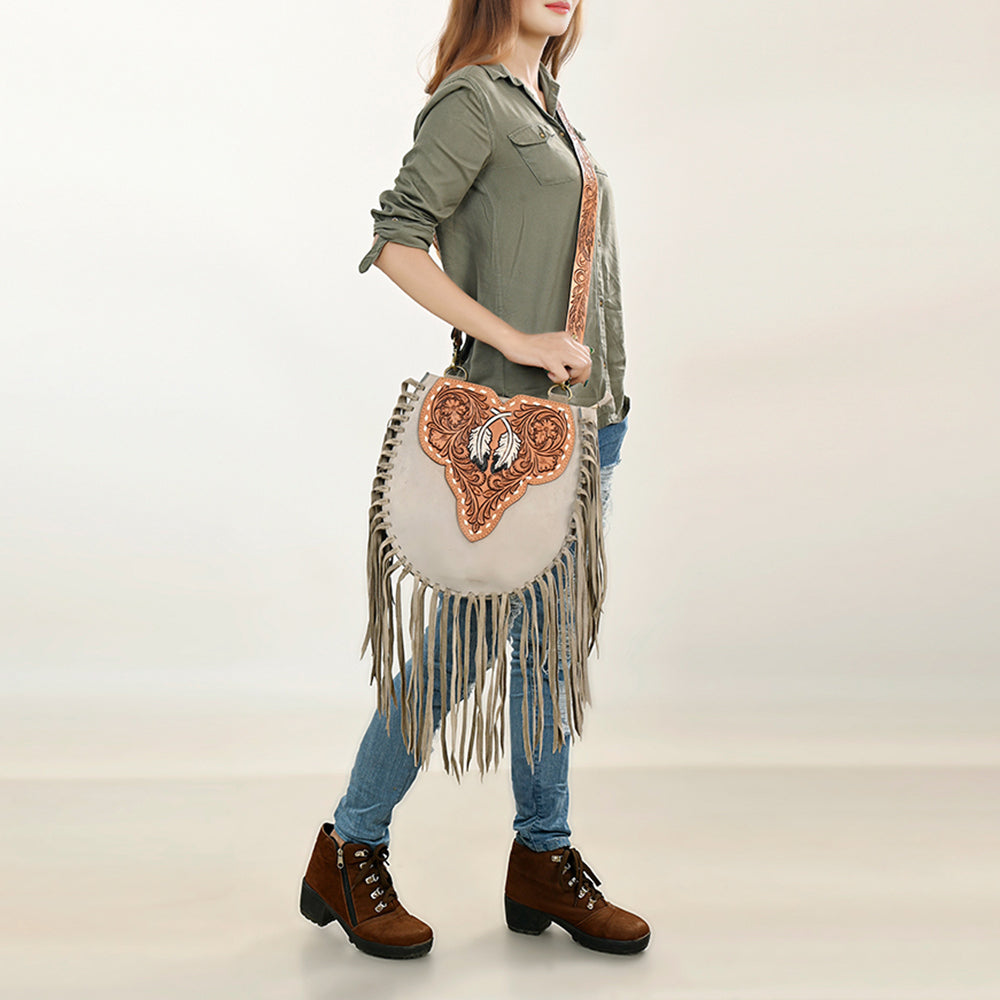 LC-ADBGA431 American Darling Western Feather Tooled Leather Large Crossbody Bag with Fringe
