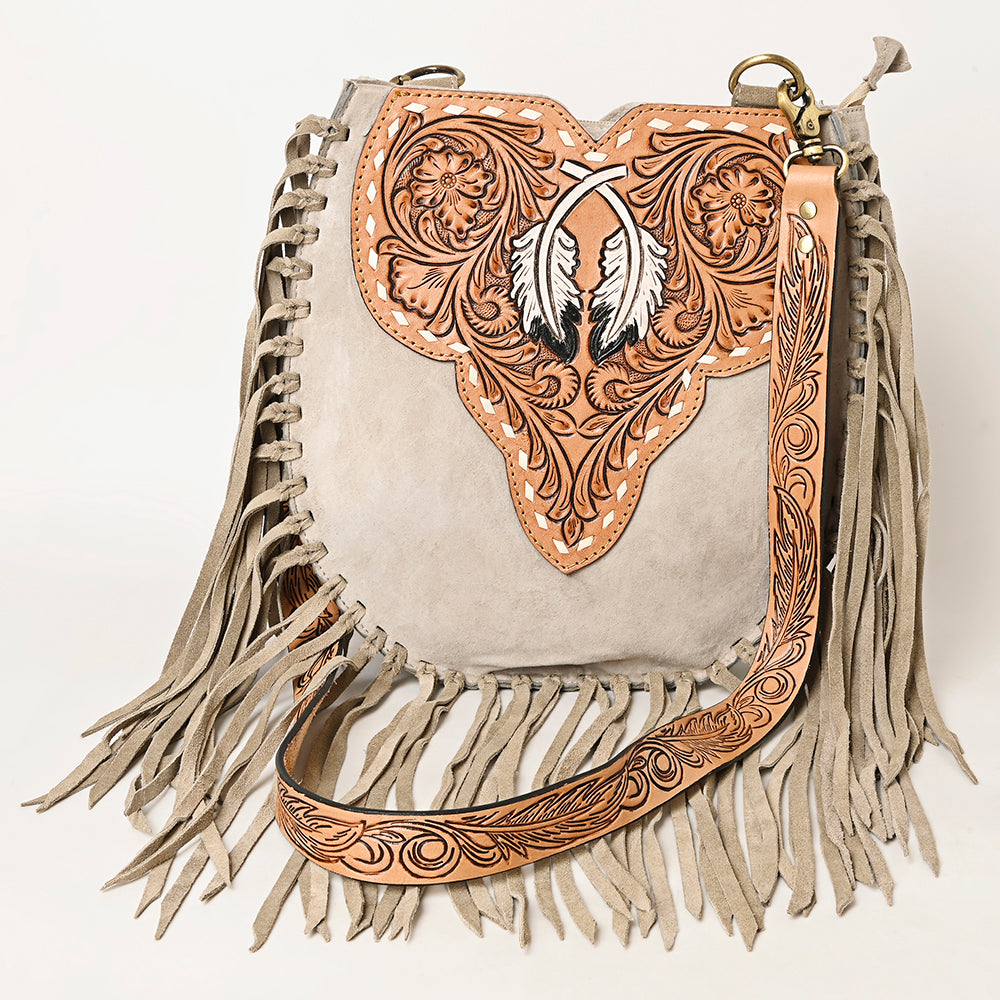 LC-ADBGA431 American Darling Western Feather Tooled Leather Large Crossbody Bag with Fringe