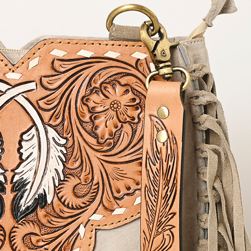 LC-ADBGA431 American Darling Western Feather Tooled Leather Large Crossbody Bag with Fringe
