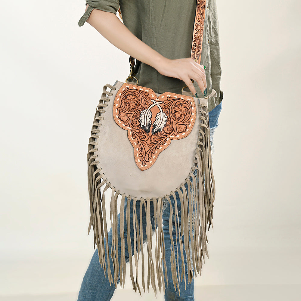 LC-ADBGA431 American Darling Western Feather Tooled Leather Large Crossbody Bag with Fringe