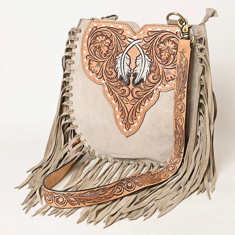 LC-ADBGA431 American Darling Western Feather Tooled Leather Large Crossbody Bag with Fringe