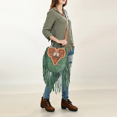 American Darling Suede Fringe Hand Tooled Leather Large Cross body Bag