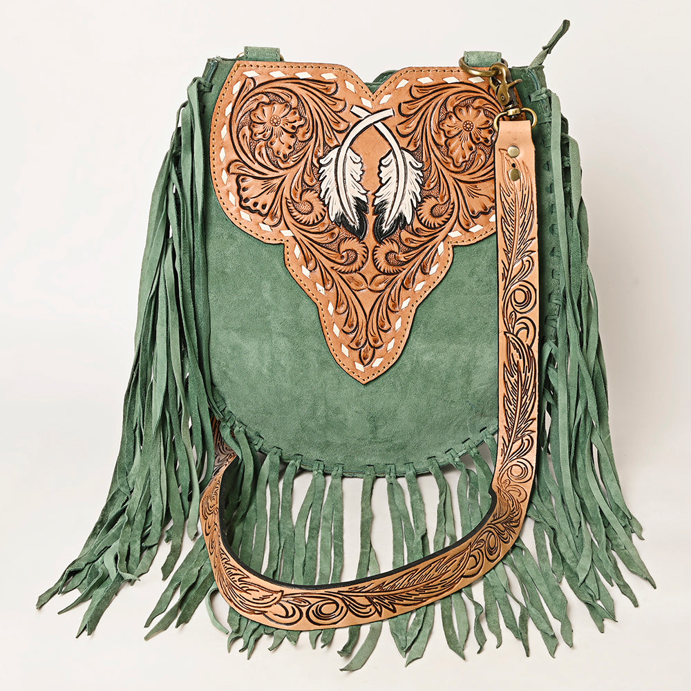 LC-ADBGA431 American Darling Western Feather Tooled Leather Large Crossbody Bag with Fringe