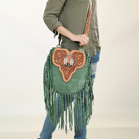 American Darling Suede Fringe Hand Tooled Leather Large Cross body Bag