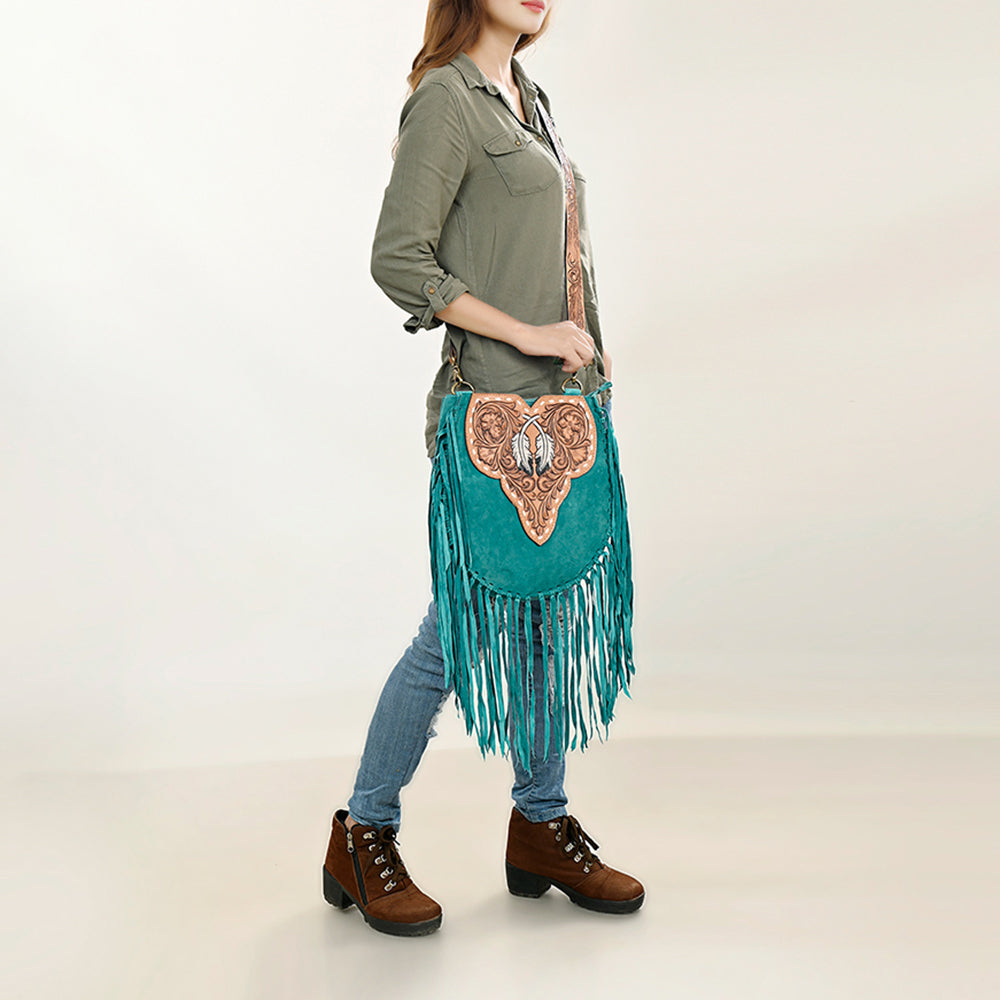 LC-ADBGA431 American Darling Western Feather Tooled Leather Large Crossbody Bag with Fringe