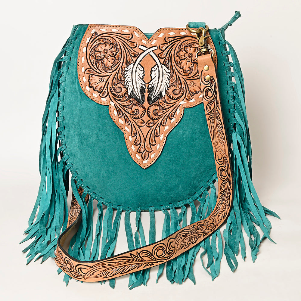 LC-ADBGA431 American Darling Western Feather Tooled Leather Large Crossbody Bag with Fringe
