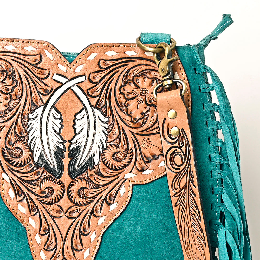 LC-ADBGA431 American Darling Western Feather Tooled Leather Large Crossbody Bag with Fringe