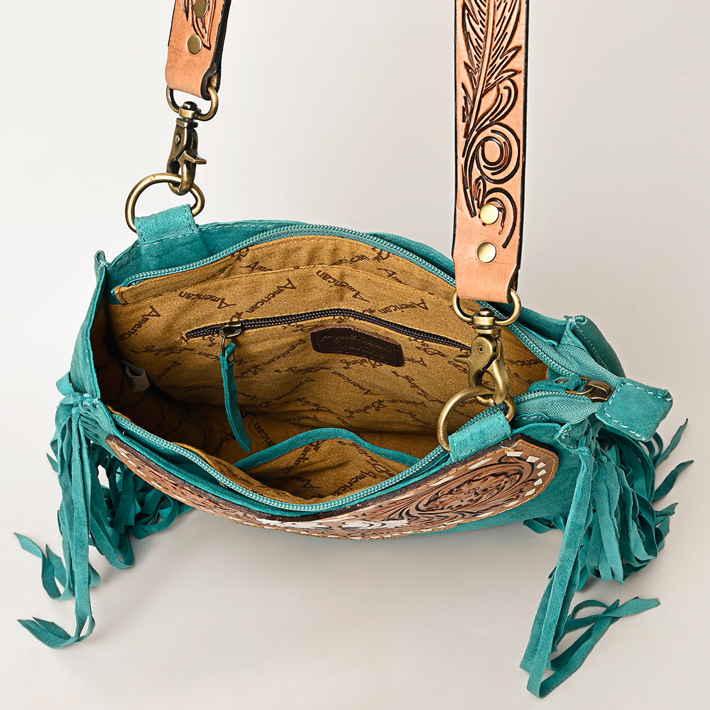 LC-ADBGA431 American Darling Western Feather Tooled Leather Large Crossbody Bag with Fringe