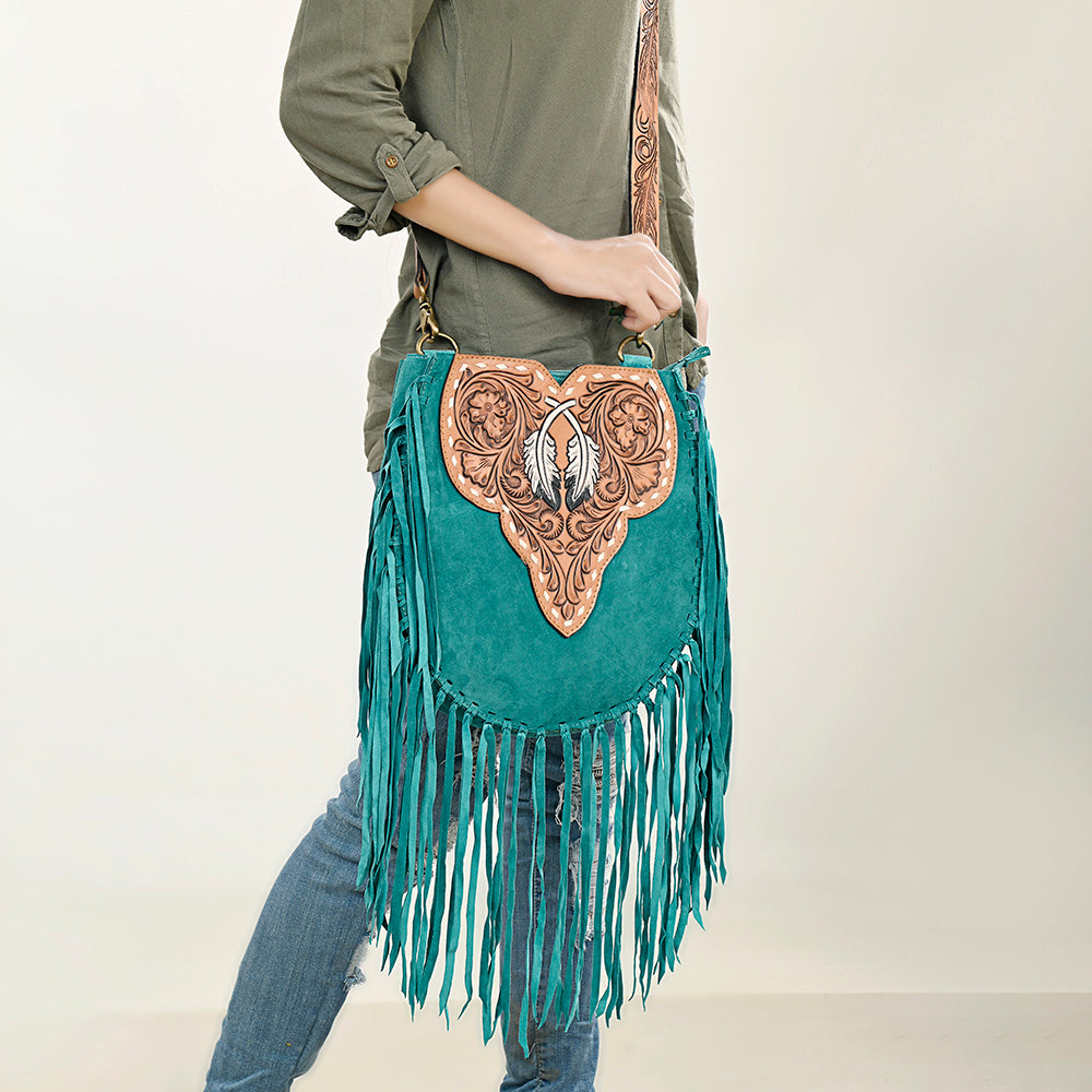 LC-ADBGA431 American Darling Western Feather Tooled Leather Large Crossbody Bag with Fringe