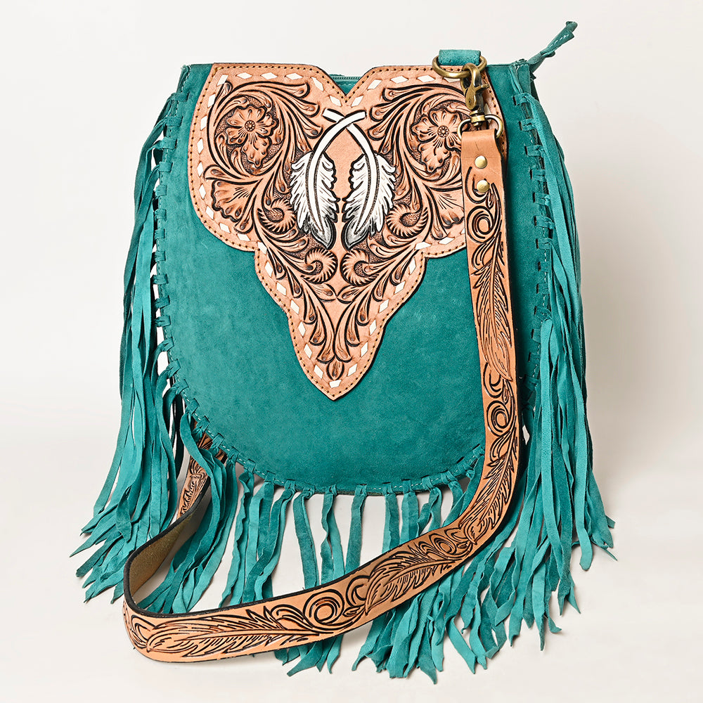 LC-ADBGA431 American Darling Western Feather Tooled Leather Large Crossbody Bag with Fringe