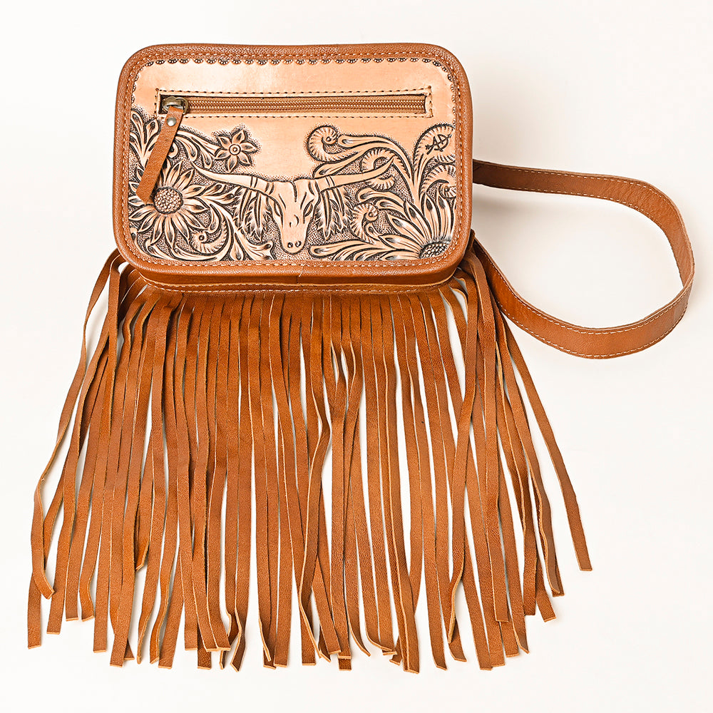 ADBG1247 Western Hand Tooled Genuine Leather Longhorn Fringe Floral Crossbody Bag