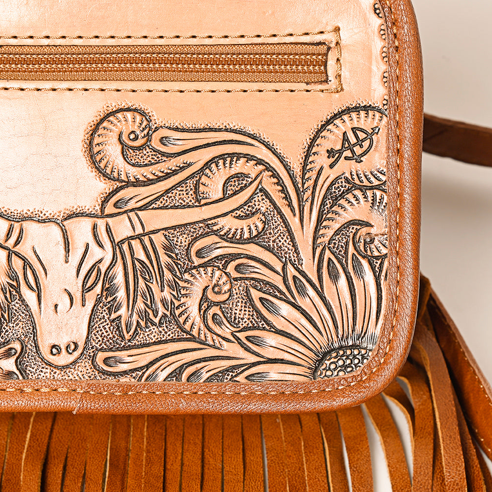 ADBG1247 Western Hand Tooled Genuine Leather Longhorn Fringe Floral Crossbody Bag