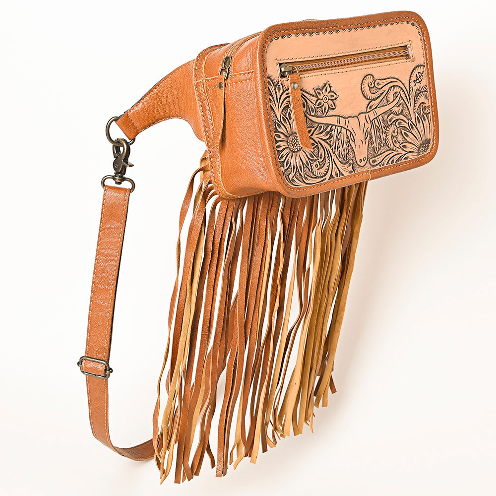 ADBG1247 Western Hand Tooled Genuine Leather Longhorn Fringe Floral Crossbody Bag