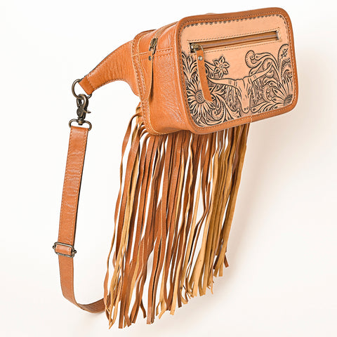American Darling Western Genuine Leather Hand-Tooled Fringe Fanny Pack -Women Western Belt Bag