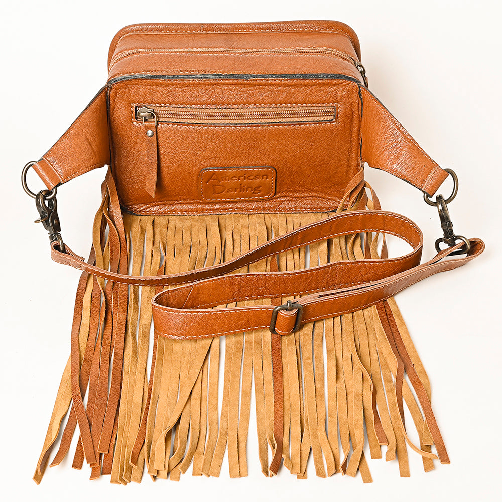ADBG1247 Western Hand Tooled Genuine Leather Longhorn Fringe Floral Crossbody Bag