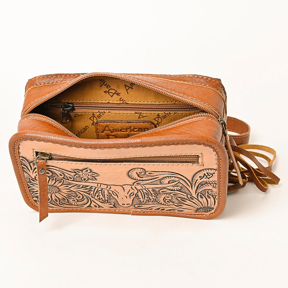 ADBG1247 Western Hand Tooled Genuine Leather Longhorn Fringe Floral Crossbody Bag