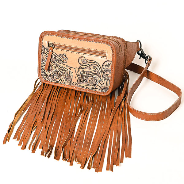 ADBG1247 Western Hand Tooled Genuine Leather Longhorn Fringe Floral Crossbody Bag