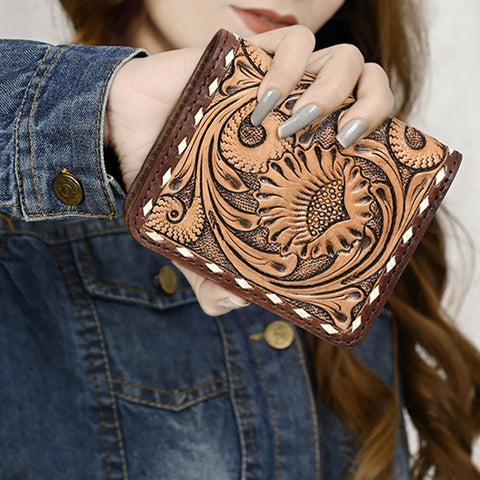 American Darling Hand-Tooled Western Leather Wallet Bag -Floral Carved Genuine Leather Women Wallet