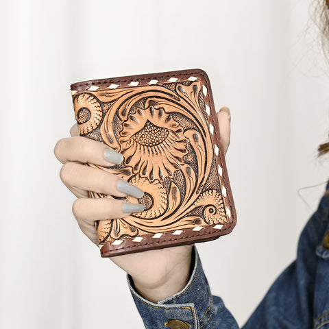 American Darling Hand-Tooled Western Leather Wallet Bag -Floral Carved Genuine Leather Women Wallet