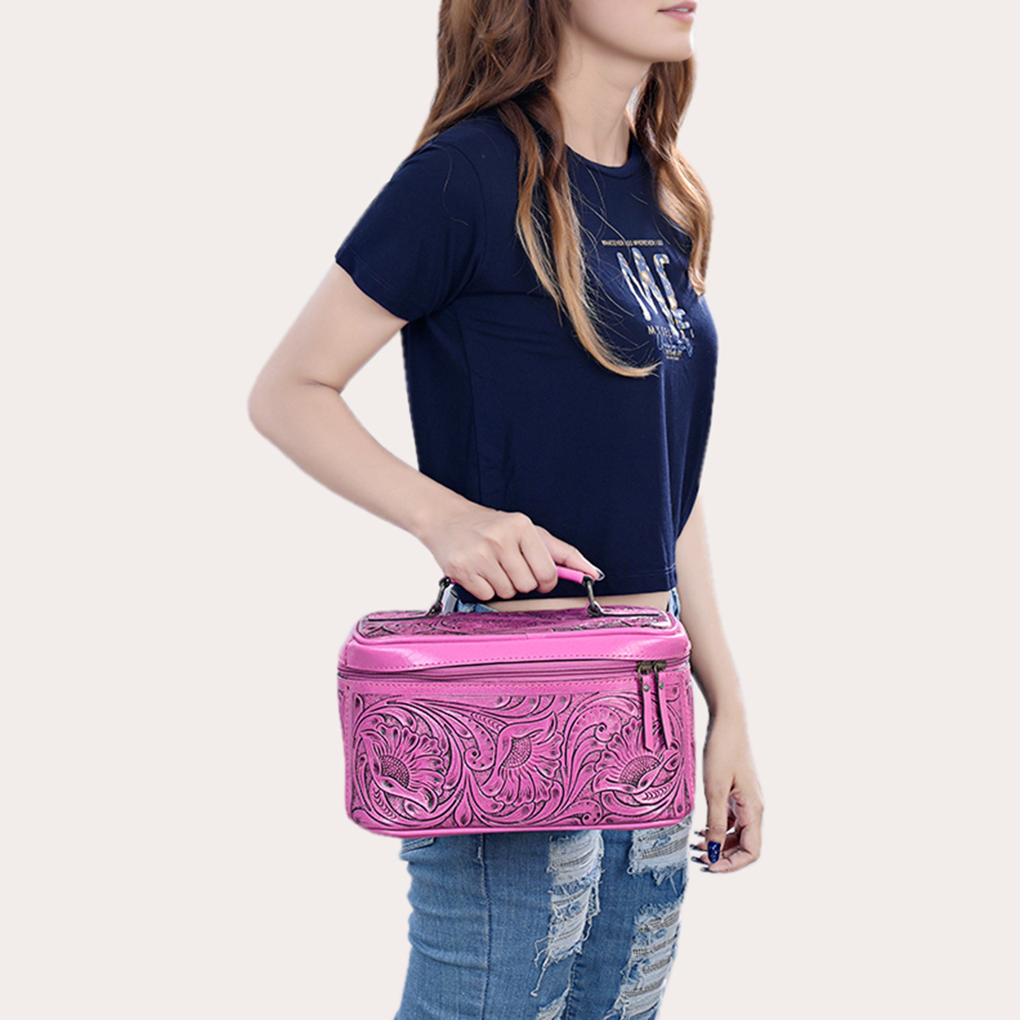 American Darling Hand Tooled Leather Jewelry Case | Pink Western Travel Bag