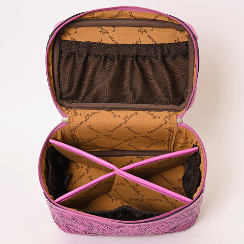 American Darling Hand Tooled Leather Jewelry Case -Pink Western Travel Bag