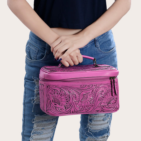 American Darling Hand Tooled Leather Jewelry Case -Pink Western Travel Bag