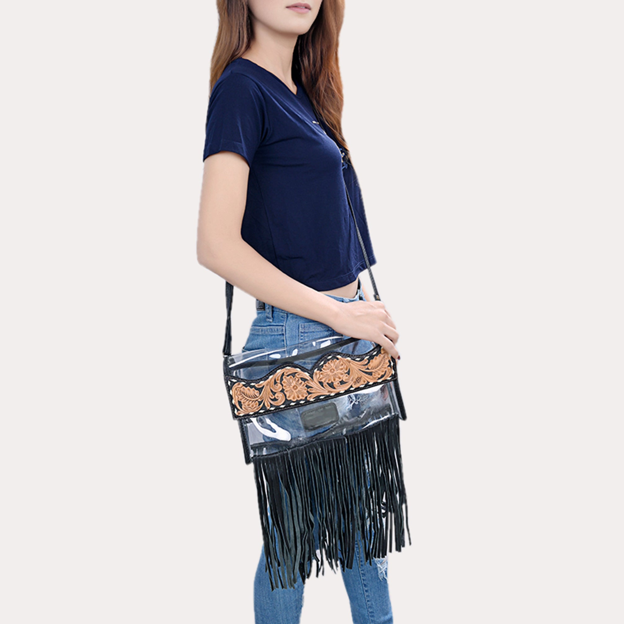 ADBG1256 Clear Fringe Stadium Bag - Hand-Tooled Leather Crossbody