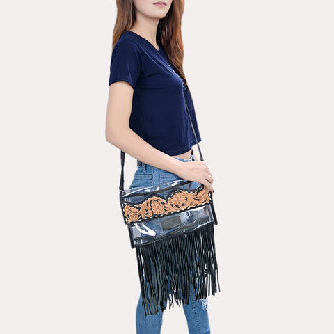 American Darling Hand-Tooled Leather Clear Western Crossbody Bag with Fringe - Genuine Leather