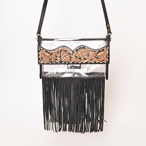 American Darling Hand-Tooled Leather Clear Western Crossbody Bag with Fringe - Genuine Leather