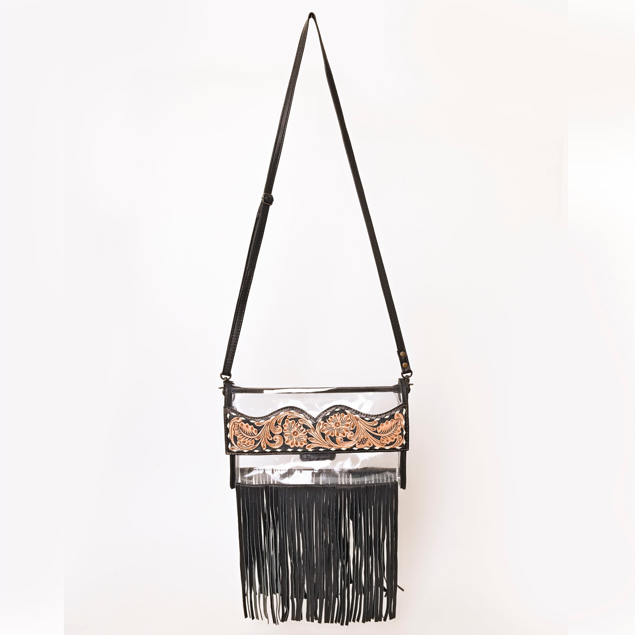 ADBG1256 Clear Fringe Stadium Bag - Hand-Tooled Leather Crossbody