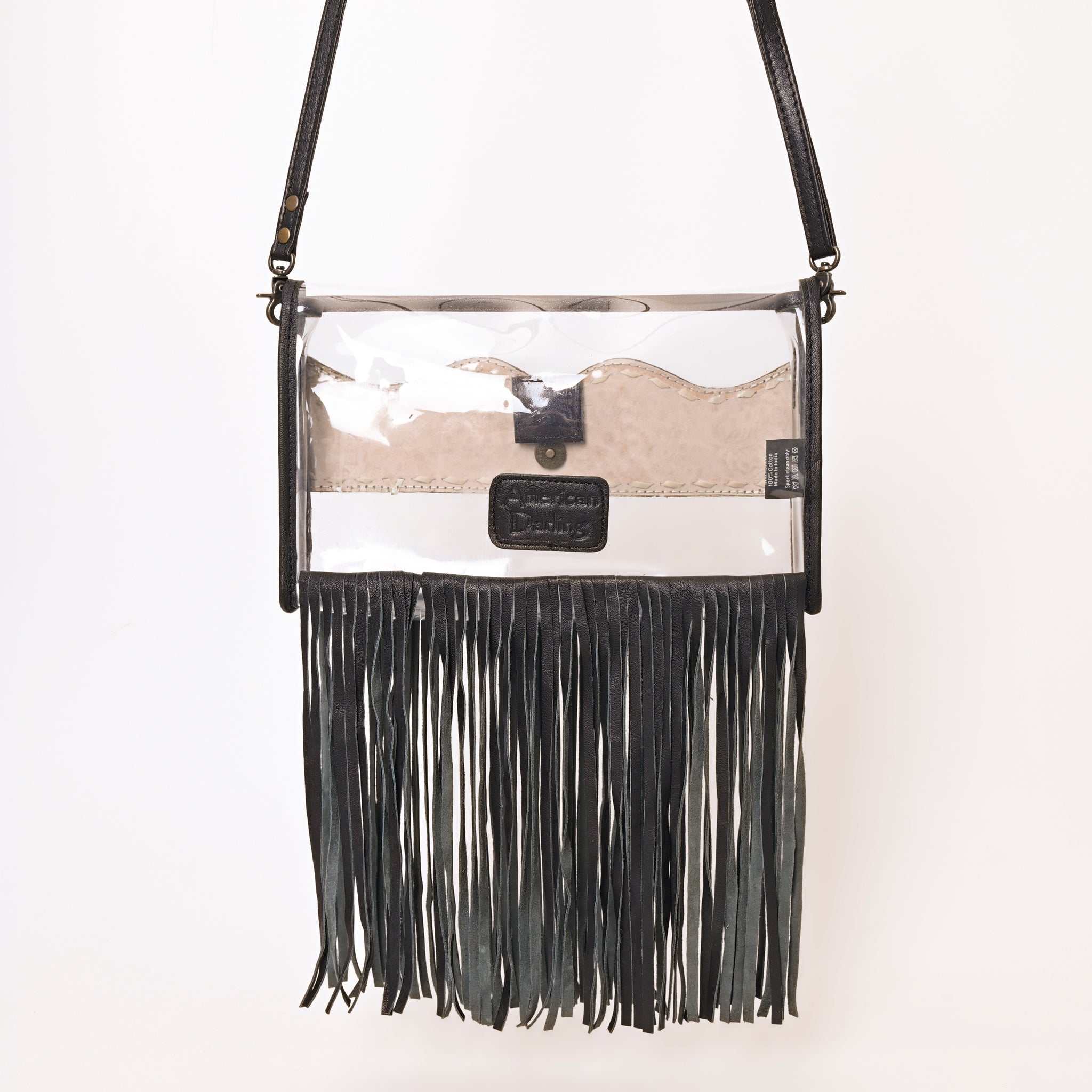 ADBG1256 Clear Fringe Stadium Bag - Hand-Tooled Leather Crossbody