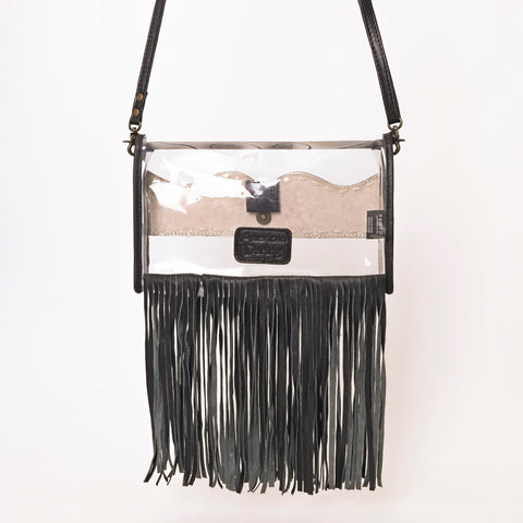 American Darling Hand-Tooled Leather Clear Western Crossbody Bag with Fringe - Genuine Leather