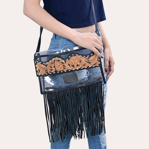 American Darling Hand-Tooled Leather Clear Western Crossbody Bag with Fringe - Genuine Leather