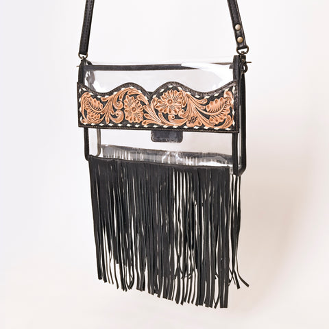American Darling Hand-Tooled Leather Clear Western Crossbody Bag with Fringe - Genuine Leather