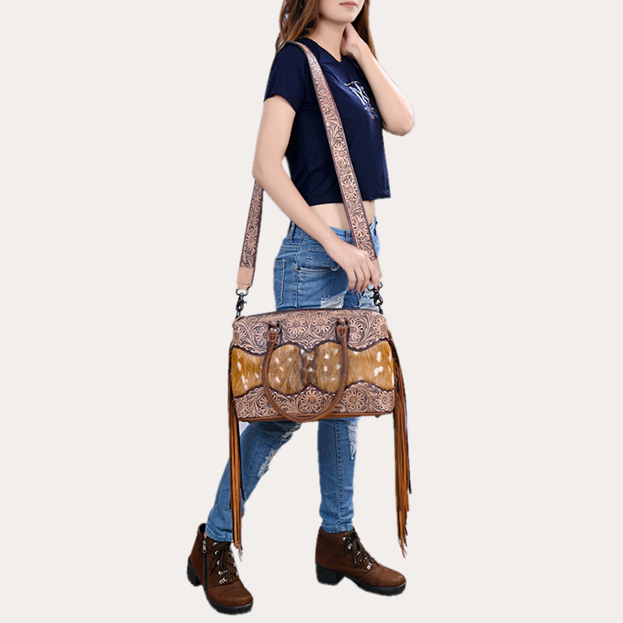 American Darling Hand-Tooled Leather & Hair-On Cowhide Western Tote Bag with Fringe - Genuine Leather