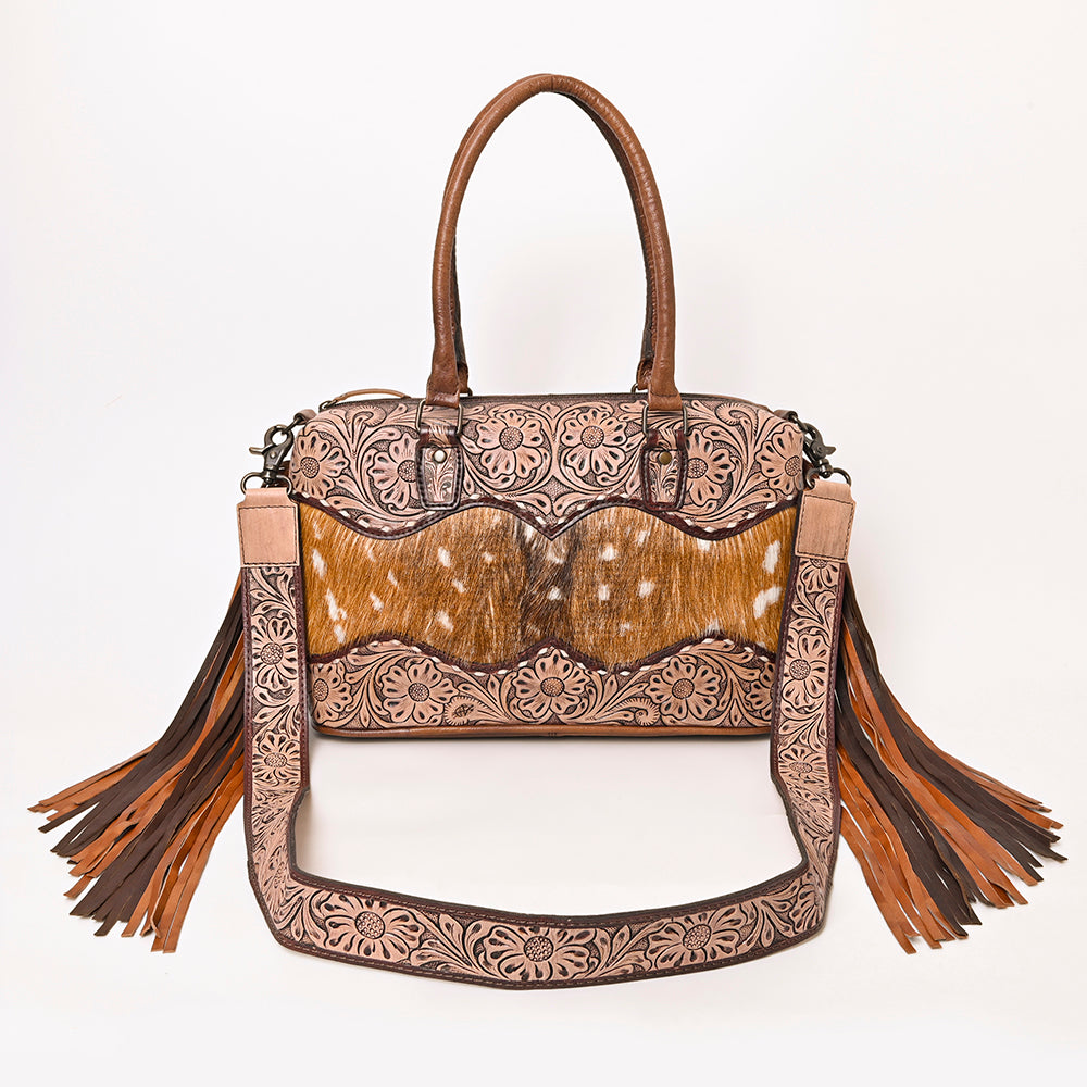 American Darling Hand-Tooled Leather & Hair-On Cowhide Western Tote Bag with Fringe - Genuine Leather