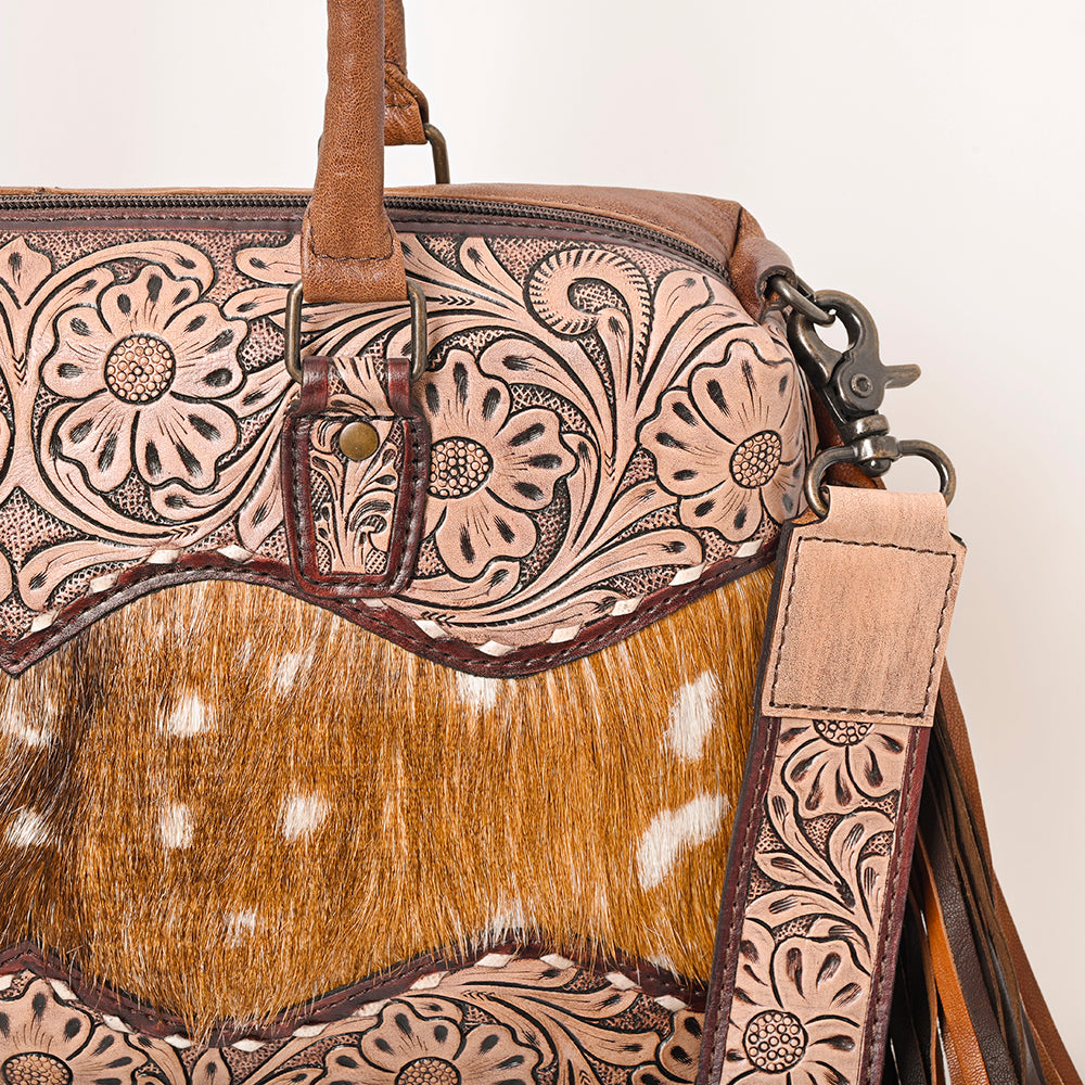 American Darling Hand-Tooled Leather & Hair-On Cowhide Western Tote Bag with Fringe - Genuine Leather