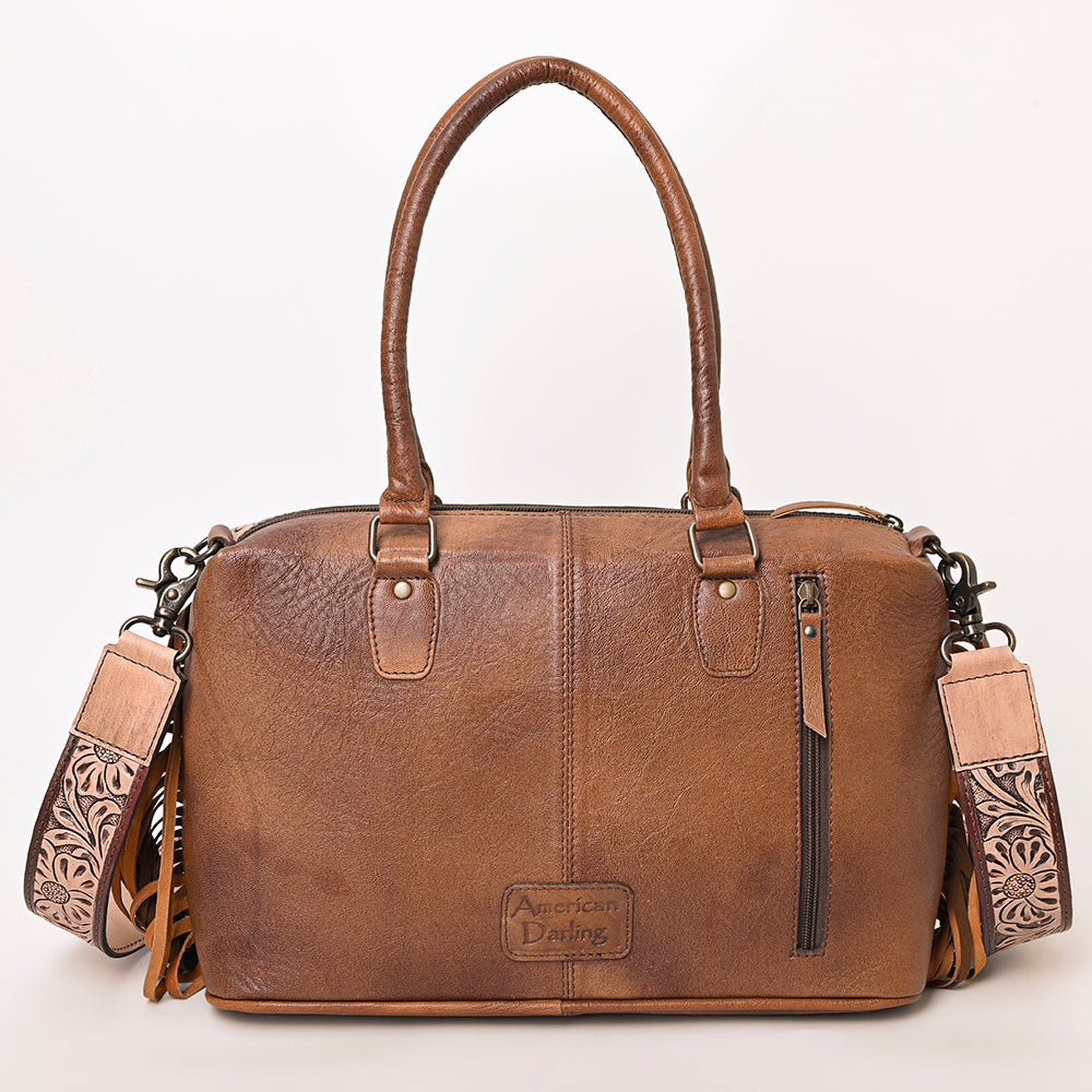 American Darling Hand-Tooled Leather & Hair-On Cowhide Western Tote Bag with Fringe - Genuine Leather