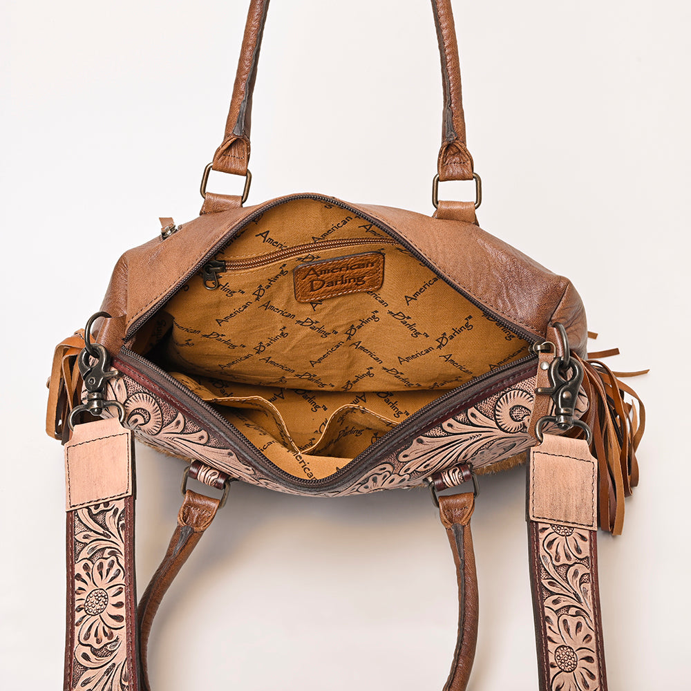 American Darling Hand-Tooled Leather & Hair-On Cowhide Western Tote Bag with Fringe - Genuine Leather