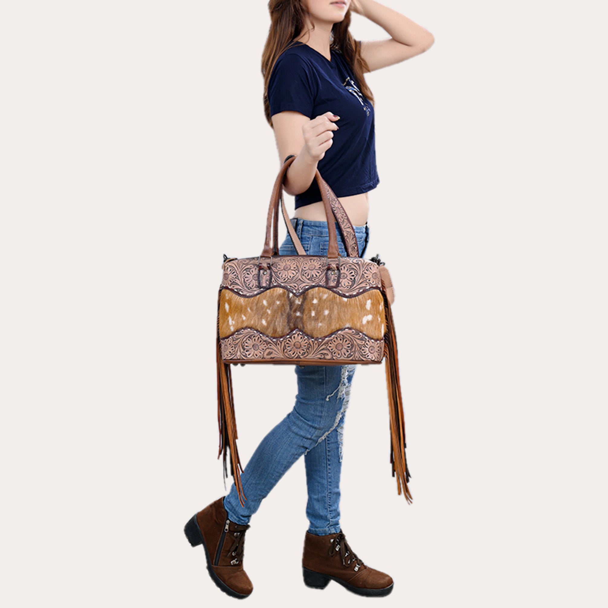 American Darling Hand-Tooled Leather & Hair-On Cowhide Western Tote Bag with Fringe - Genuine Leather
