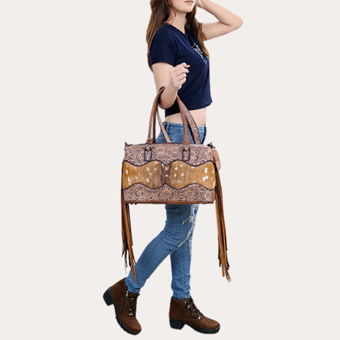 ADBG1258 American Darling Hand-Tooled Leather & Hair-On Cowhide Western Tote Bag with Fringe - Genuine Leather
