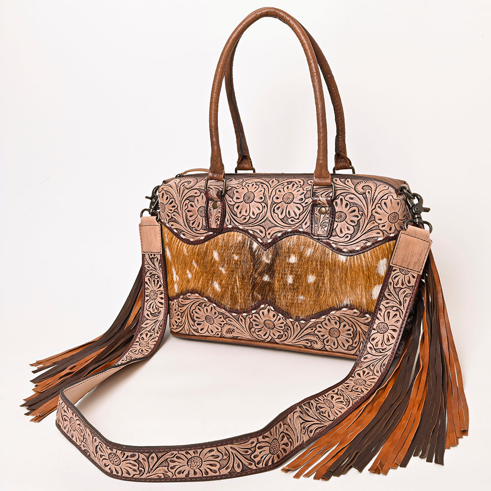 American Darling Hand-Tooled Leather & Hair-On Cowhide Western Tote Bag with Fringe - Genuine Leather