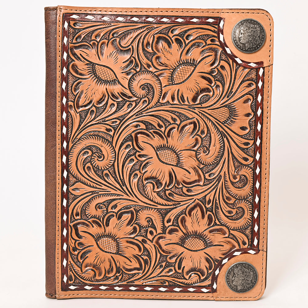 ADBG1266 Hand-Tooled Leather Portfolio with Conchos - Western Floral Binder