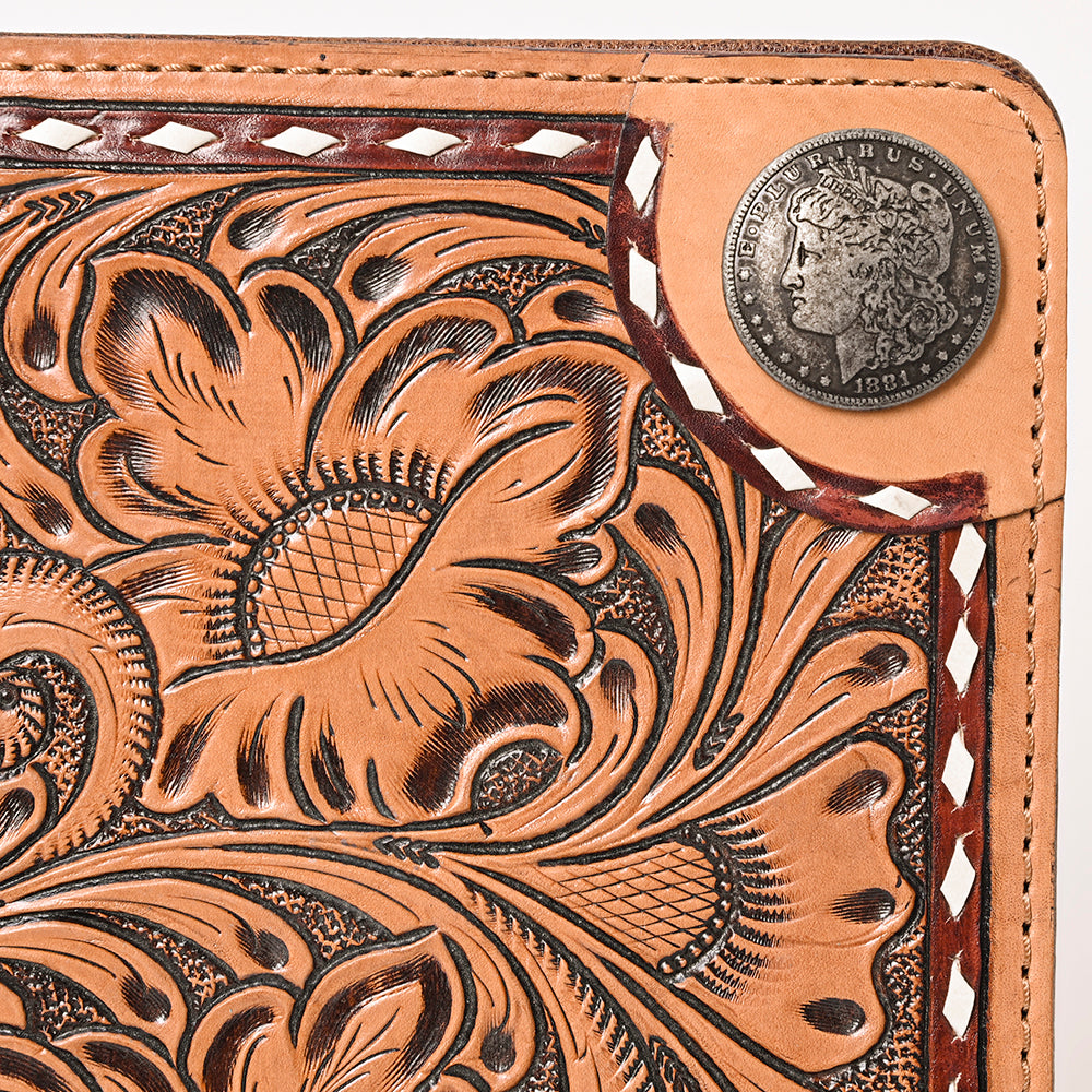ADBG1266 Hand-Tooled Leather Portfolio with Conchos - Western Floral Binder